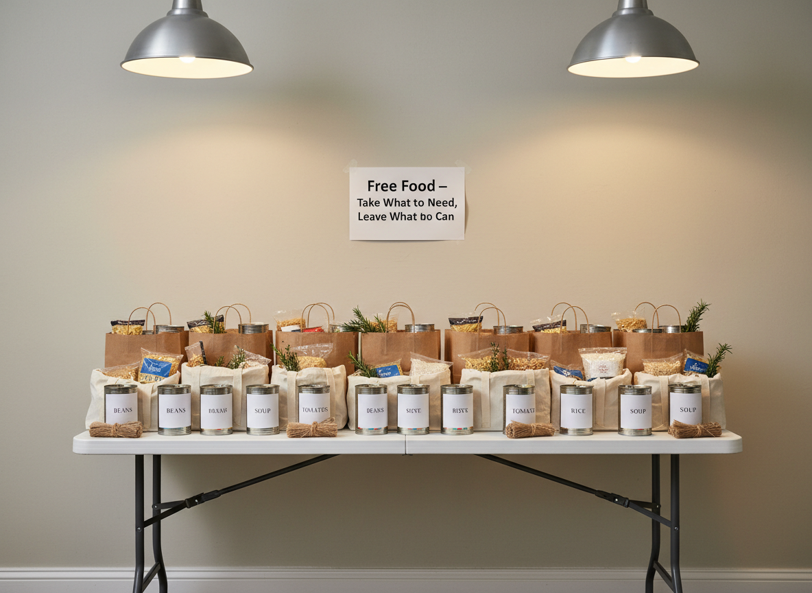 A sturdy folding table set against a plain community hall wall, carefully arranged with brown paper bags and reusable cloth bags, each neatly packed with staple foods: tins with simple labels, packets of pasta and rice, and small bundles of fresh herbs tied with twine. A basic printed sign reading “Free Food – Take What You Need, Leave What You Can” is taped to the wall above, slightly curled at the edges. Warm overhead pendant lighting casts gentle, inviting shadows, giving the simple scene dignity and care. Photographic realism, centered composition with moderate depth of field, conveying respect, mutual aid, and accessibility without any human figures present.