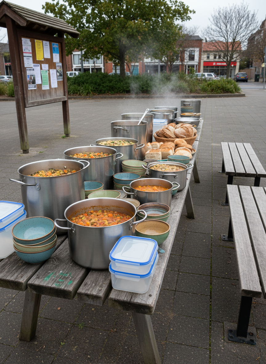 A long, weathered wooden trestle table set up outdoors in a modest urban park, every surface covered with large stainless-steel pots, mismatched but clean ceramic bowls, and sturdy reusable containers filled with colorful vegetable stews and fresh bread. The table stands on slightly worn paving stones beside a simple community noticeboard and a row of plain benches. Overcast Tasmanian daylight creates soft, even illumination with gentle shadows beneath the table, emphasizing the honest, unpolished setting. Photographic realism, eye-level composition with sharp focus throughout, conveying a calm, welcoming atmosphere of shared abundance and mutual aid, suitable as a universal hero image for a grassroots food-sharing initiative.