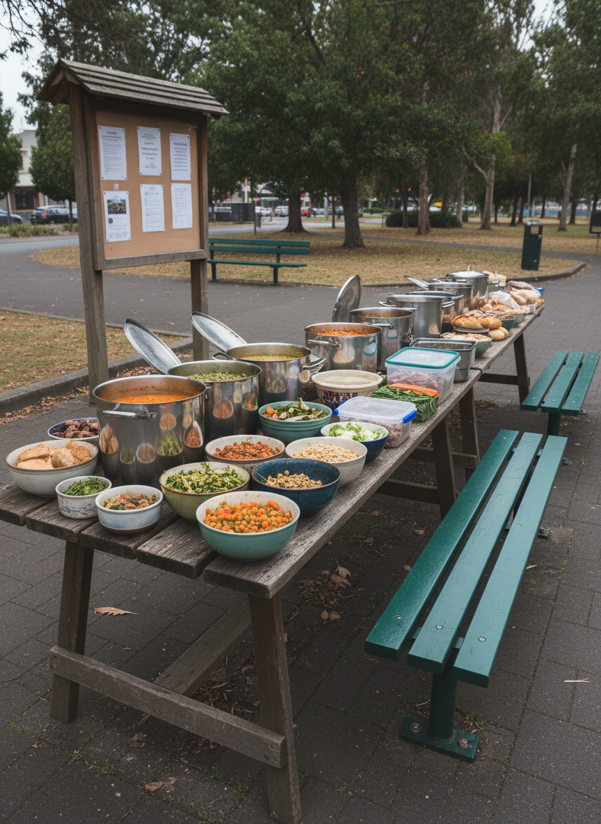 A long, weathered wooden trestle table set up outdoors in a modest urban park, every surface covered with large stainless-steel pots, mismatched but clean ceramic bowls, and sturdy reusable containers filled with colorful vegetable stews and fresh bread. The table stands on slightly worn paving stones beside a simple community noticeboard and a row of plain benches. Overcast Tasmanian daylight creates soft, even illumination with gentle shadows beneath the table, emphasizing the honest, unpolished setting. Photographic realism, eye-level composition with sharp focus throughout, conveying a calm, welcoming atmosphere of shared abundance and mutual aid, suitable as a universal hero image for a grassroots food-sharing initiative.