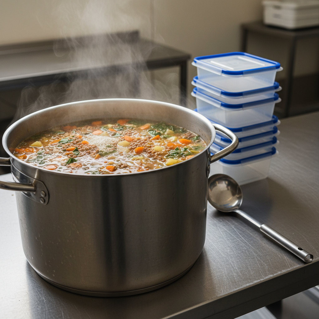 A close-up photographic image of a steaming pot of hearty vegetable soup in a large brushed stainless-steel stockpot, its surface shimmering with vibrant chunks of carrot, potato, lentils, and leafy greens. The pot rests on a sturdy, slightly scuffed stainless-steel serving table, with neatly stacked, reusable plastic containers and a clean ladle arranged beside it. Diffused indoor light from high fluorescent fixtures creates soft reflections on the metal and subtle shadows around the pot. Shot from a slightly elevated angle with shallow depth of field, the background falls into a gentle blur of neutral-colored walls and simple shelving, creating a professional yet grassroots atmosphere of generosity and preparedness.